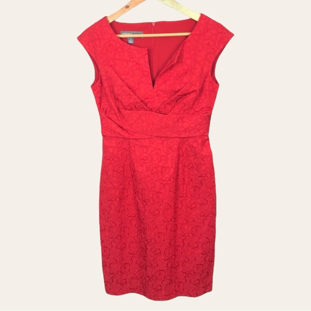 Donna Ricco Floral Brocade Sleeveless Fitted Midi Cocktail Dress Cherry Red 4